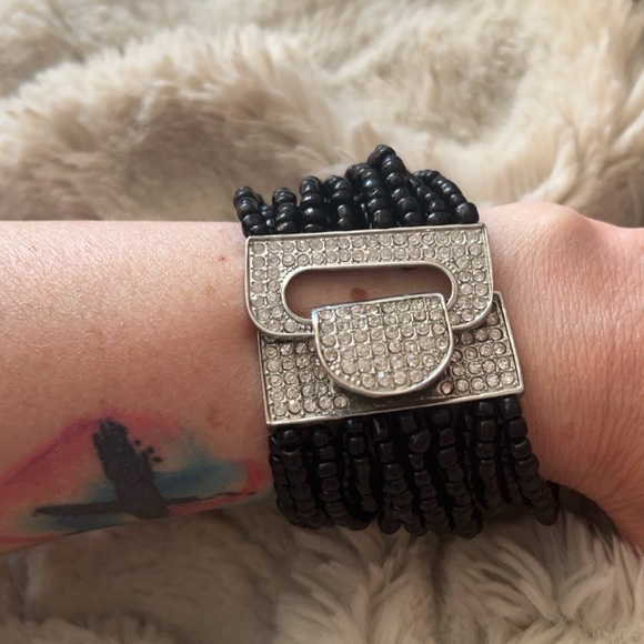 Women’s Black Beaded Buckle Multi Twisted Strand Bracelet Cuff - Picture 7 of 10